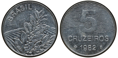 БРАЗИЛИЯ 5 КРУЗЕЙРО 1982 КОФЕ KM 591 сталь aUNC 72-932