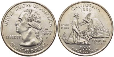 США 25 центов = квотер 2005 P, серия штаты США, Калифорния KM 370 медь плакированная медно-никелем UNC M50-09