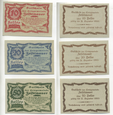 Австрия набор из 3 банкнот 1920 до 31 декабря 1920, нотгельд, 10, 20, 50 геллеров, ZEIFELMAUER   бумага  aUNC  7555-7-4-1