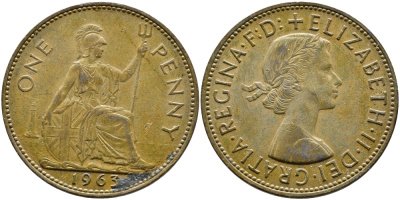 Великобритания 1 пенни 1963 Елизавета II (1952-2022) KM 897, Spink 4157 бронза 4389-842