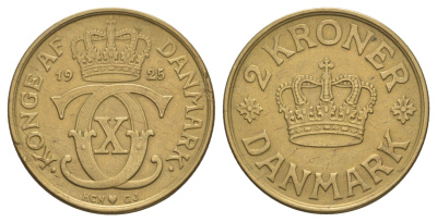 Дания 2 кроны 1925 HCN; GJ, Кристиан X (1912-1947) KM 825 алюминиевая бронза aUNC 1523-434