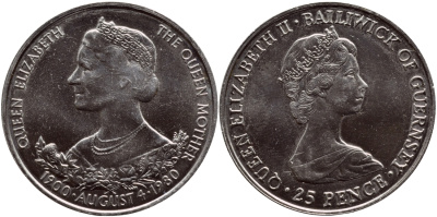 Гернси 25 пенсов 1980 80 лет Королеве Елизавете (королеве матери) KM 35 медно-никель UNC 74-815