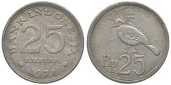 Индонезия 25 рупий 1971 год тип, венценосный голубь KM 34 медно-никель 4118-212