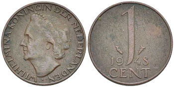 НИДЕРЛАНДЫ 1 ЦЕНТ 1948 ВИЛЬГЕЛЬМИНА (1890-1948) KM 107 бронза 214-1017