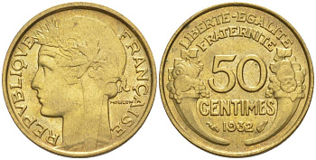 ФРАНЦИЯ 50 САНТИМОВ 1932 ТИП MORLON, OPEN 9, С ЯГОДОЙ KM 894.1, LE FRANC 192.7 алюминиевая бронза 44-667