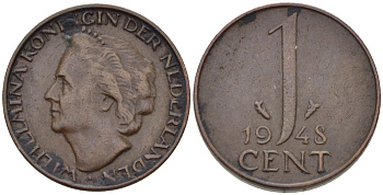 Нидерланды 1 цент 1948 Вильгельмина (1890-1948), год тип KM 175 бронза 66-427