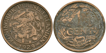 Нидерланды 1 цент 1929 Вильгельмина (1890-1948) KM 152 бронза 4576-1117