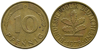 ФРГ 10 ПФЕННИГОВ 1978 D KM 108, J.383 сталь плакированная латунью 41-1027