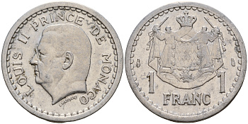 Монако 1 франк 1943 Луи II (1922-1949) KM 120 алюминий    4601-934
