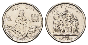 Фиджи 50 центов 2017 Команда Фиджи по регби-7 чемпионы Олимпиады 2016 KM 528 сталь плакированная никелем UNC 4119-551