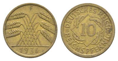 Германия 10 рейхспфеннигов 1936 F KM 40, J. 317 алюминиевая бронза 4549-1065