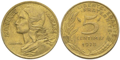 ФРАНЦИЯ 5 САНТИМОВ 1978 ТИП MARIANNE KM 933, LE FRANC 125.14 медь алюминий никель 116-447