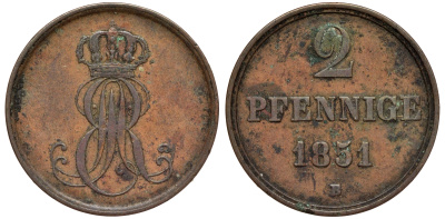 Ганновер 2 пфеннига 1851 B, Эрнст Август (1837-1851) KM 202.1, AKS 124, J. 75 медь 75-1956