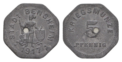 Бенсхайм 5 пфеннигов 1917 Funck 34.2A, Men05 1739.2, Men18 2245.2 цинк 4639-149
