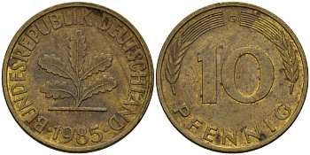 ФРГ 10 пфеннигов 1985 G KM 108 сталь плакированная латунью 4156-442