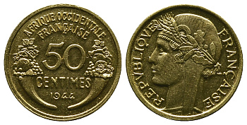 Французская Западная Африка 50 сантимов 1944 редкая KM 1, Lec 1 алюминиевая бронза aUNC 4381-935