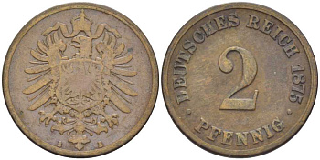 ГЕРМАНИЯ 2 ПФЕННИГА 1875 B, СТАРОГЕРБОВКА KM 2, J. 2, Weege 3 медь 212-523