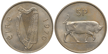 Ирландия 5 пенсов 1970 бык KM 22 медно-никель 51-144