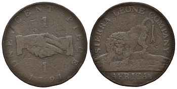 Сьерра-Леоне 1 цент 1791 рукопожатие, лев KM 1 медь 00-812-40