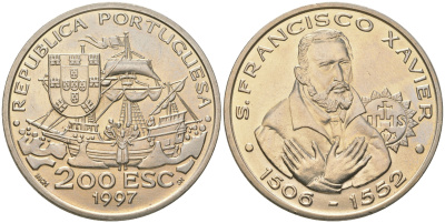 Португалия 200 эскудо 1997 445 лет со дня смерти святого Франциска Ксаверия KM 697 медно-никель UNC 4677-323