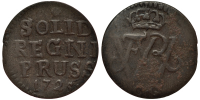 ПРУССИЯ 1 ШИЛЛИНГ 1725 CG, ФРИДРИХ ВИЛЬГЕЛЬМ I (1713-1740), ВЕС 0,67 ГР. KM 120 серебро 1516-745