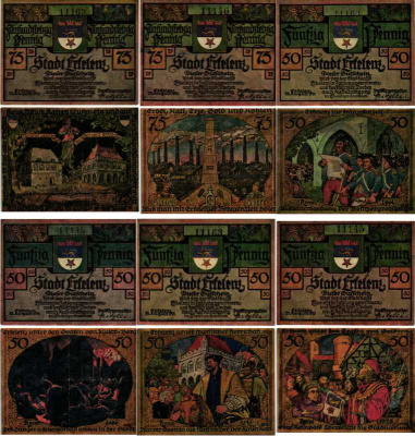 ЭРКЕЛЕНЦ, ГЕРМАНИЯ НАБОР ИЗ 6 БАНКНОТ 1921 НОТГЕЛЬД, ЗЕМЛЯ СЕВЕРНЫЙ РЕЙН-ВЕСТФАЛИЯ, 4 Х 50 ПФЕННИГОВ, 2 Х 75 ПФЕННИГОВ ARNOLD KELLER 348.1а бумага 7204-47-1