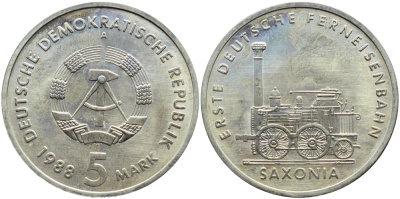 ГДР 5 МАРОК 1988 A, 150 ЛЕТ ПЕРВОЙ ЖЕЛЕЗНОЙ ДОРОГЕ ГЕРМАНИИ КМ 120 медно-никель UNC 4394-234