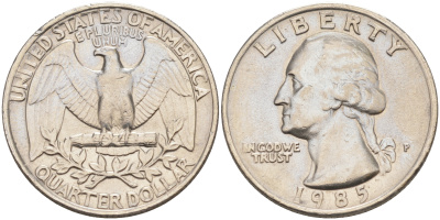 США 25 ЦЕНТОВ = КВОТЕР 1985 P, ВАШИНГТОН KM А164a медь плакированная медно-никелем 190-342