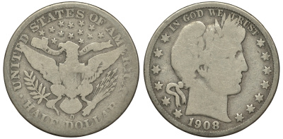 США 1/2 доллара (50 центов) 1908 O, монетный двор Орлеан, барбер, Barber KM 116 серебро 413-143