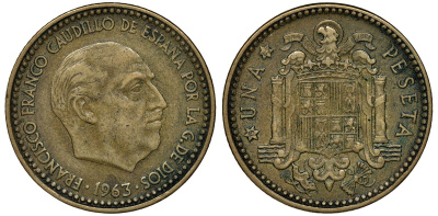Испания 1 песета 1963 (63) Франсиско Франко (1939-1975) KM 775 алюминиевая бронза 72-955