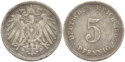 ГЕРМАНИЯ 5 ПФЕННИГОВ 1905 D KM 11, J. 12 медно-никель 206-1217