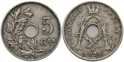 БЕЛЬГИЯ 5 САНТИМОВ 1923 BELGIE, АЛЬБЕРТ I (1909-1934) KM 67 медно-никель 27-111