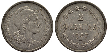 ИСПАНИЯ (EUZKADI) 2 ПЕСЕТЫ 1937 РЕСПУБЛИКА БАСКОВ KM 2 никель 1521-212