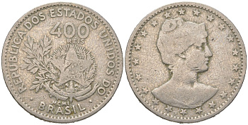 Бразилия 400 реалов 1901 MCMI, голова свободы вправо KM 505 медно-никель 4612-516