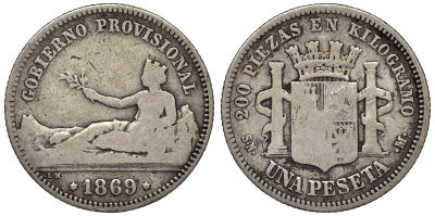 Испания 1 песета 1869 (69) ,SN-M KM 653 серебро    4116-651