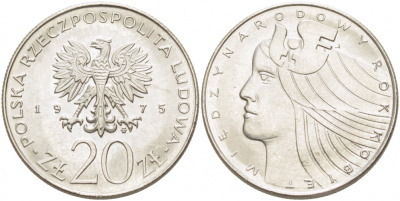 Польша 20 злотых 1975 MW, Международный год женщины KM 75, Parchimowicz 248 медно-никель UNC 4403-126