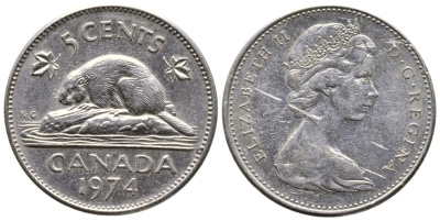 Канада 5 центов 1974 бобр, Елизавета II (1952-) KM 60.1 никель 4364-2437