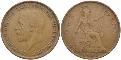 Великобритания 1 пенни 1930 Георг V (1910-1936) KM 838, Spink 4055 бронза 115-244