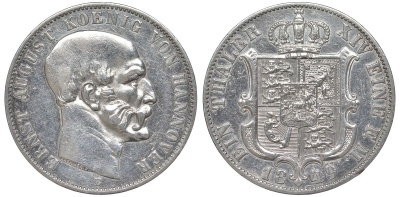 Брауншвейг-Каленберг-Ганновер 1 талер 1849 B, Эрнст Август (1837-1851) КМ 208, Thun 168, AKS 133, Jaeger 80, Kahnt 235, K.M. 209.1, Davenport 676 серебро 00-806-20