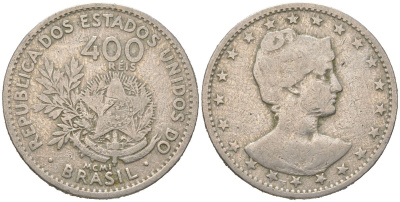 Бразилия 400 реалов 1901 MCMI, голова свободы вправо KM 505 медно-никель 4612-516