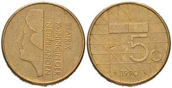 Нидерланды 5 гульденов 1990 Беатрикс (1980-2013) KM 210 никель плакированный бронзой 4620-543