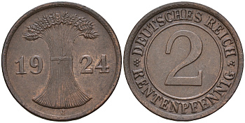 Германия 2 рентенпфеннига 1924 J KM 31 J. 307 бронза    4152-1157