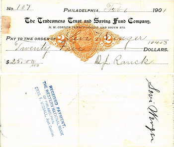 США чек на 25 долларов 1901 Филадельфия бумага 8621-45-1-1