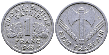 ФРАНЦИЯ 1 ФРАНК 1943 LB, ТИП LEGERE, ПРАВИТЕЛЬСТВО ВИШИ KM 902.1, LE FRANC 223.3 алюминий 51-4132