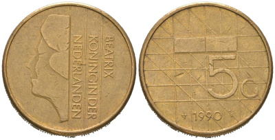 Нидерланды 5 гульденов 1990 Беатрикс (1980-2013) KM 210 никель плакированный бронзой 4620-543