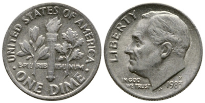 США 10 ЦЕНТОВ = 1 ДАЙМ 1983 P, РУЗВЕЛЬТ KM 195а медь плакированная медно-никелем 57-1225