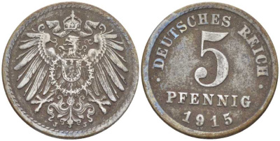 Германия 5 пфеннигов 1915 J KM 19, J. 297, Weege 5 железо 206-669