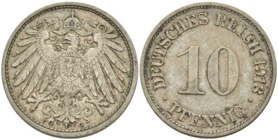 ГЕРМАНИЯ 10 ПФЕННИГОВ 1913 G KM 12, J. 13, Weege 8 медно-никель 212-237
