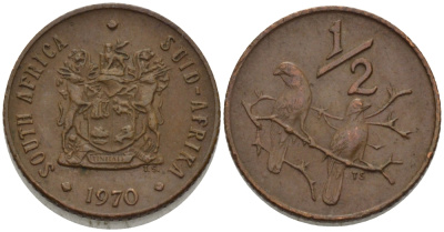 ЮАР 1/2 цента 1970 два капских воробья на ветке KM 81 бронза 66-315