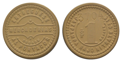 Чили, JAZPAMPA BAJO NITRATE C?.LTD, Запига (Zapiga) шахтерский жетон с Селитряного рудника для покупки в местных магазинах, номиналом в 1 песо около 1904 диаметр 20 мм, вес 2,80 гр Espinosa 145.4 эбонит (охра) 1094-3-81